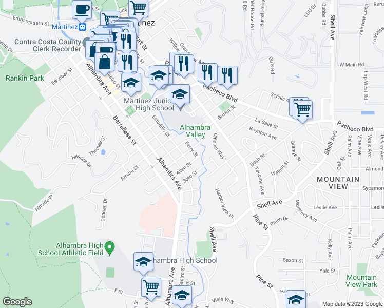 map of restaurants, bars, coffee shops, grocery stores, and more near 1918 Ferry Street in Martinez
