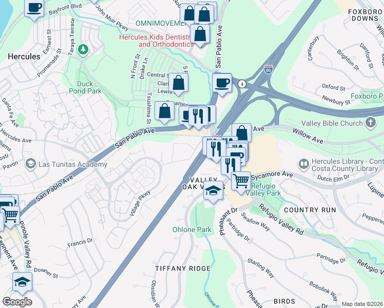 map of restaurants, bars, coffee shops, grocery stores, and more near 1500 Sycamore Avenue in Hercules