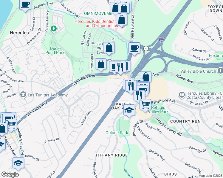 map of restaurants, bars, coffee shops, grocery stores, and more near 2 Forest Run in Hercules