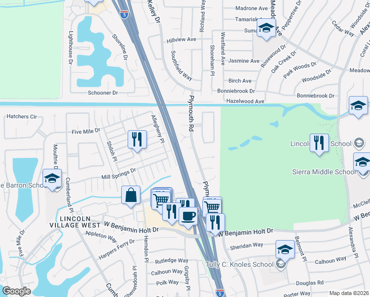 map of restaurants, bars, coffee shops, grocery stores, and more near 2928 Garrison Court in Stockton