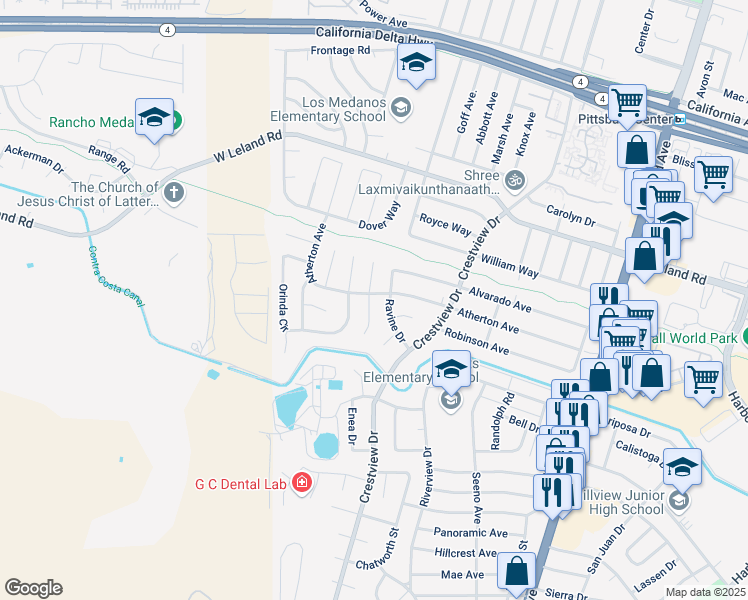 map of restaurants, bars, coffee shops, grocery stores, and more near 237 Atherton Avenue in Pittsburg