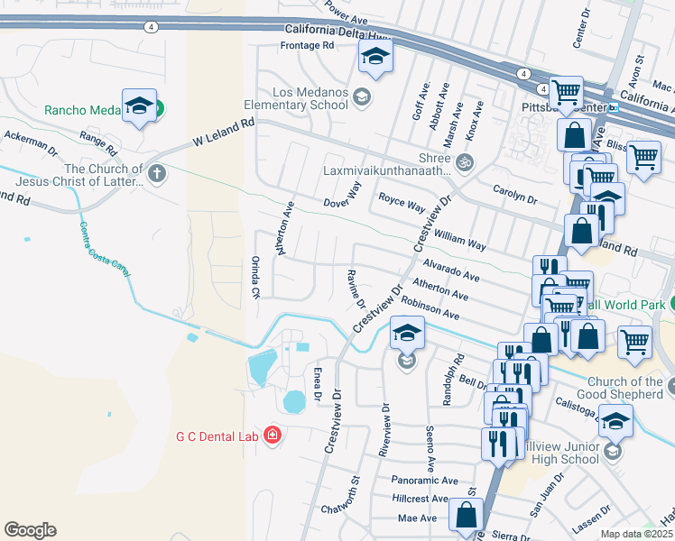 map of restaurants, bars, coffee shops, grocery stores, and more near 237 Atherton Avenue in Pittsburg