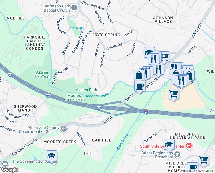 map of restaurants, bars, coffee shops, grocery stores, and more near 314 Camellia Drive in Charlottesville