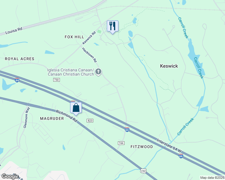 map of restaurants, bars, coffee shops, grocery stores, and more near 938 Hacktown Road in Keswick