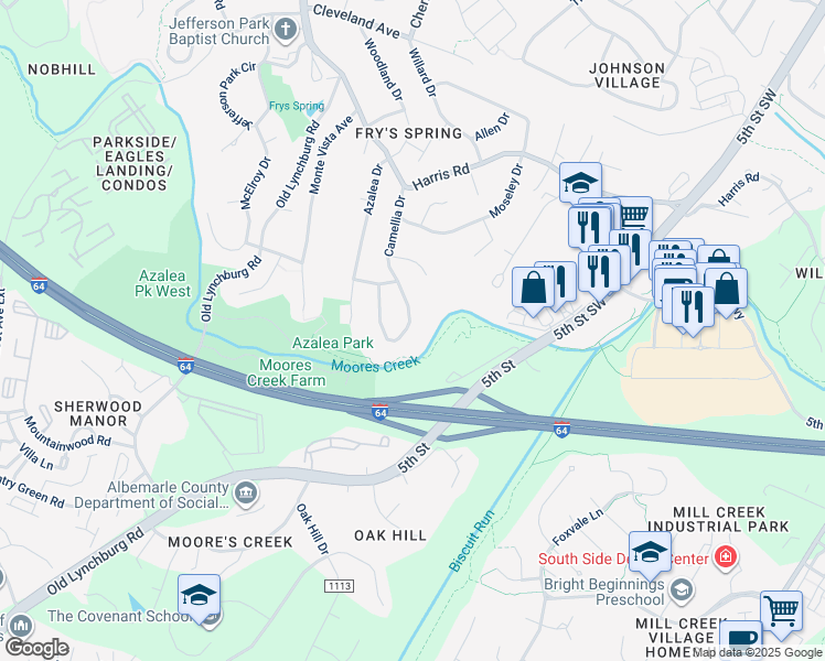 map of restaurants, bars, coffee shops, grocery stores, and more near 314 Camellia Drive in Charlottesville