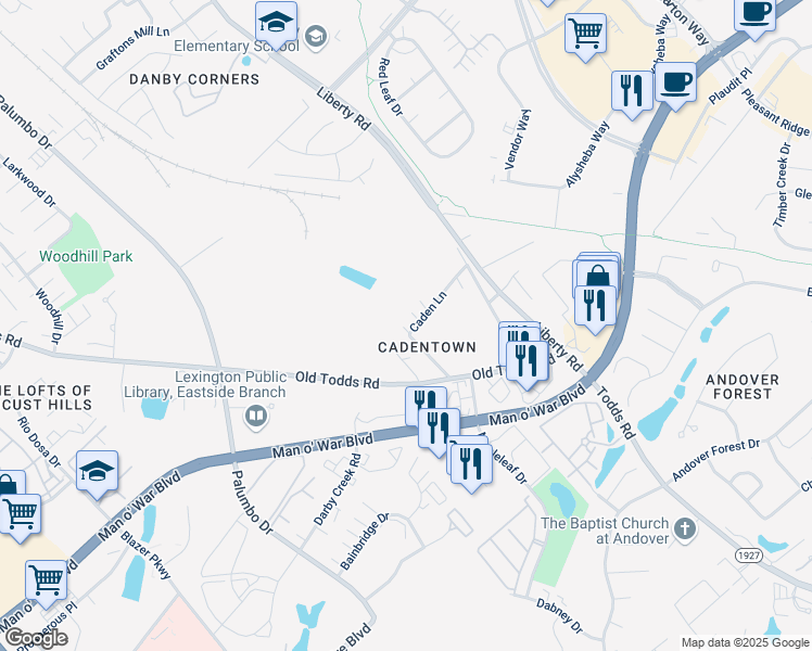 map of restaurants, bars, coffee shops, grocery stores, and more near 705 Caden Lane in Lexington