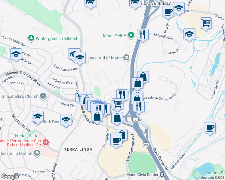 map of restaurants, bars, coffee shops, grocery stores, and more near 240 Orris Terrace in San Rafael