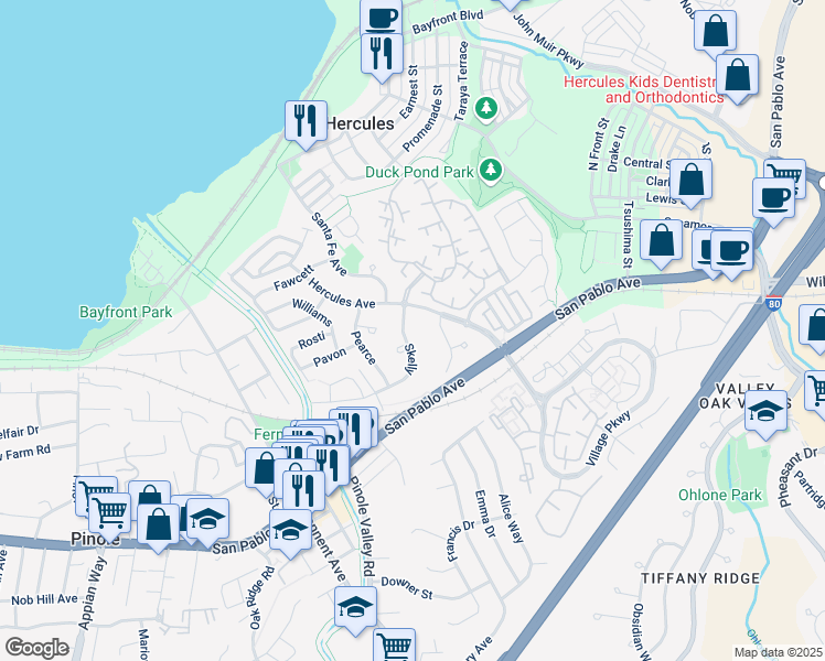 map of restaurants, bars, coffee shops, grocery stores, and more near 100 Dunham Court in Hercules