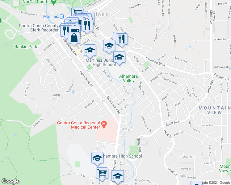 map of restaurants, bars, coffee shops, grocery stores, and more near 612 Robinson Street in Martinez