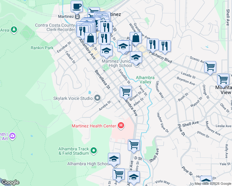 map of restaurants, bars, coffee shops, grocery stores, and more near 413-415 Arreba Street in Martinez