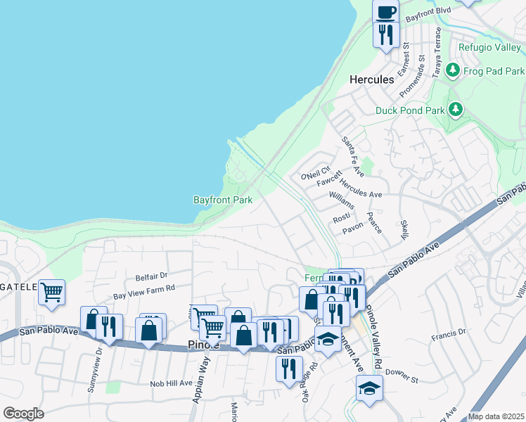 map of restaurants, bars, coffee shops, grocery stores, and more near in Pinole