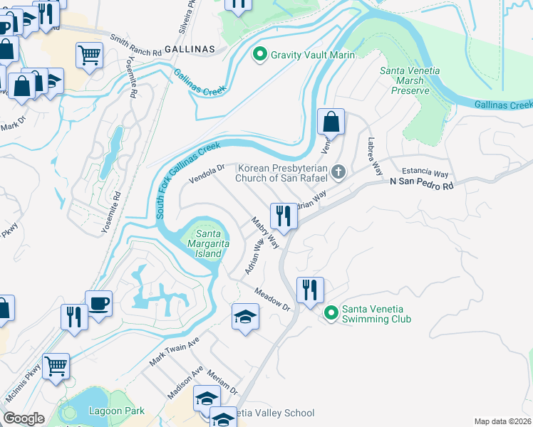 map of restaurants, bars, coffee shops, grocery stores, and more near 119 Birch Way in San Rafael