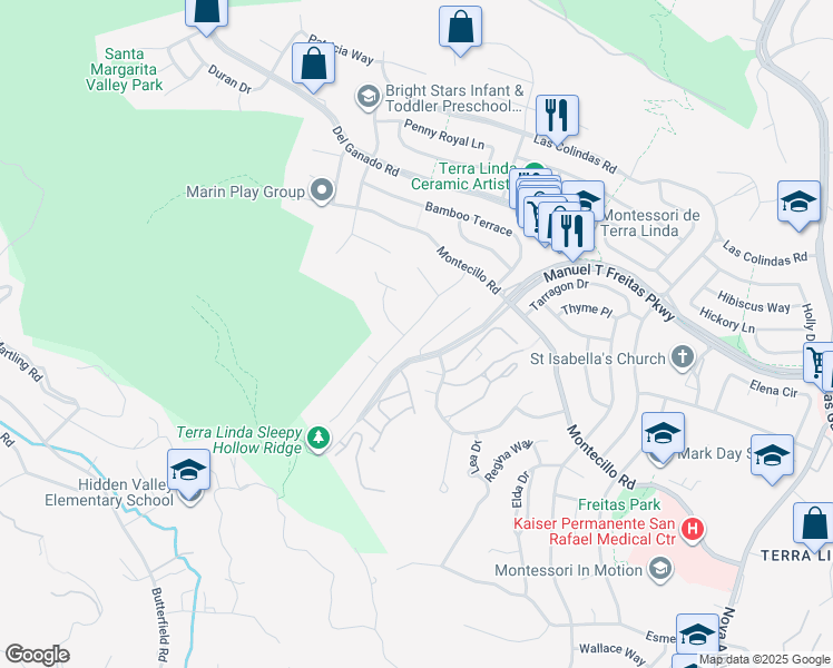 map of restaurants, bars, coffee shops, grocery stores, and more near 806 Butternut Drive in San Rafael