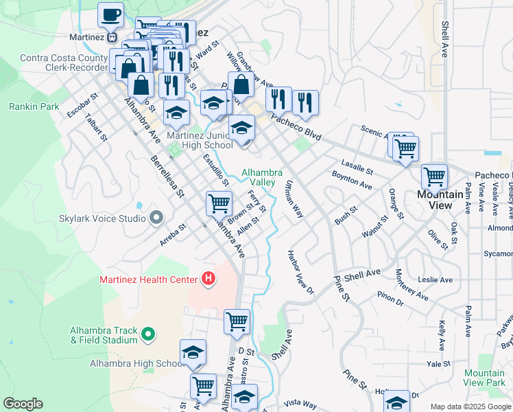 map of restaurants, bars, coffee shops, grocery stores, and more near 1904 Ferry Street in Martinez