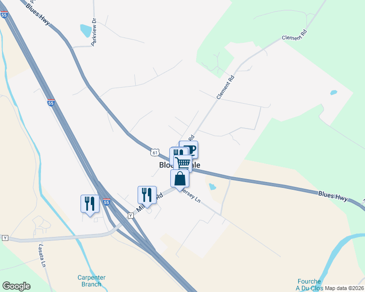map of restaurants, bars, coffee shops, grocery stores, and more near 251 Clement Road in Bloomsdale