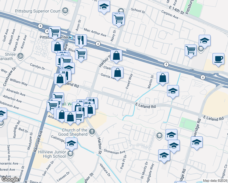 map of restaurants, bars, coffee shops, grocery stores, and more near 680 Garcia Avenue in Pittsburg