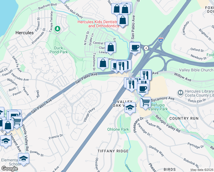 map of restaurants, bars, coffee shops, grocery stores, and more near 1101 Forest Run in Hercules