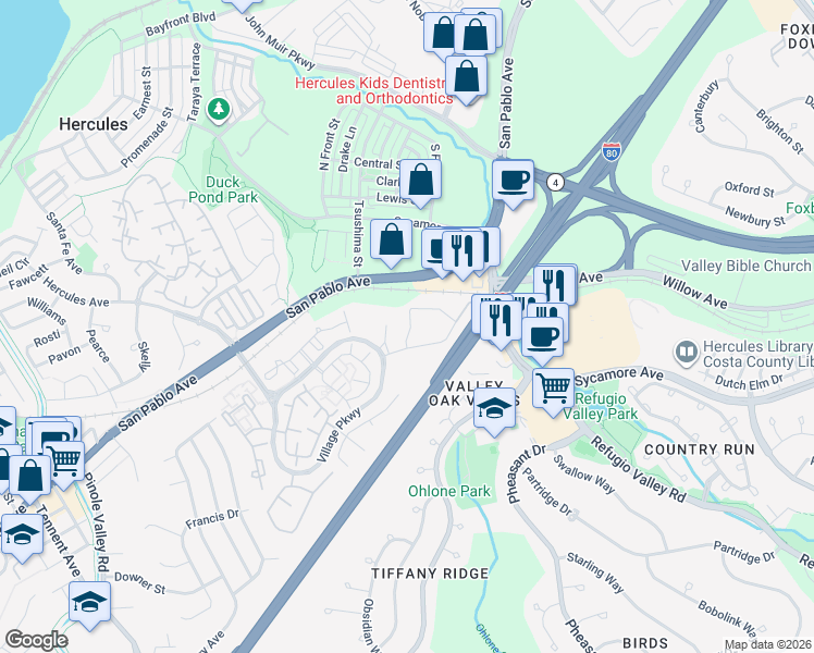 map of restaurants, bars, coffee shops, grocery stores, and more near 603 Forest Run in Hercules