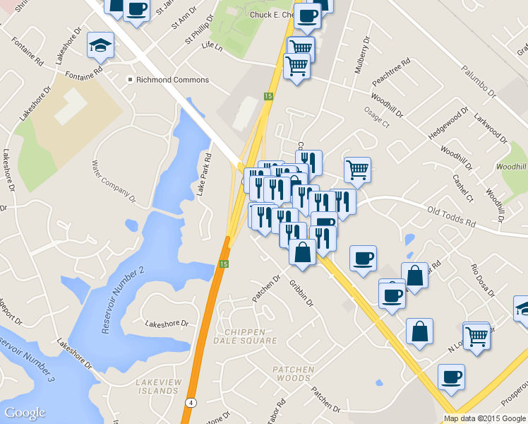 map of restaurants, bars, coffee shops, grocery stores, and more near 2566 Richmond Road in Lexington