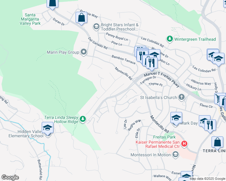map of restaurants, bars, coffee shops, grocery stores, and more near 806 Butternut Drive in San Rafael
