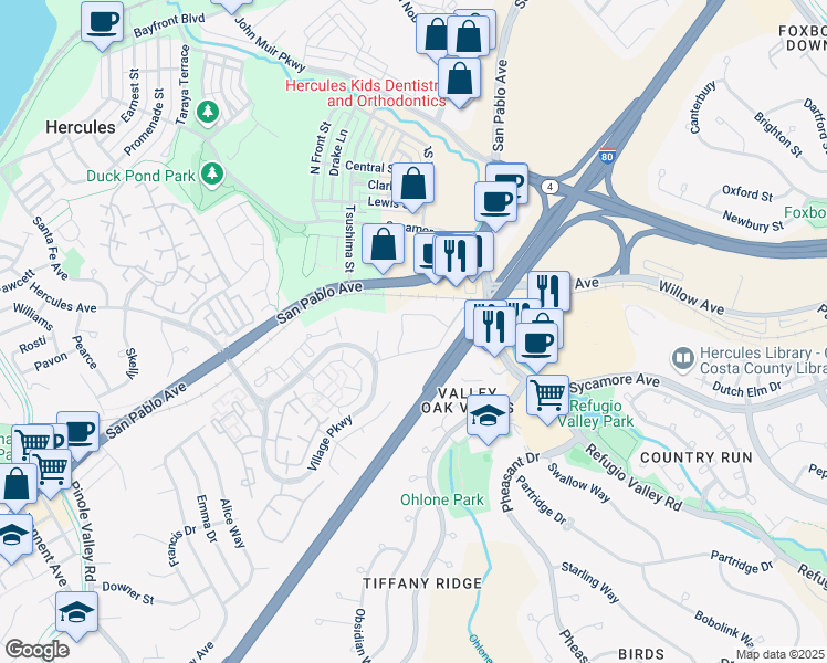 map of restaurants, bars, coffee shops, grocery stores, and more near 2101 Forest Run in Hercules