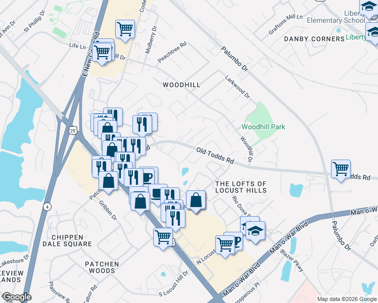 map of restaurants, bars, coffee shops, grocery stores, and more near 205 Catera Trce in Lexington