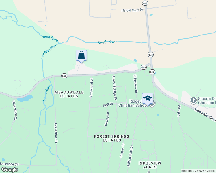 map of restaurants, bars, coffee shops, grocery stores, and more near 31 Forest Springs Drive in Stuarts Draft