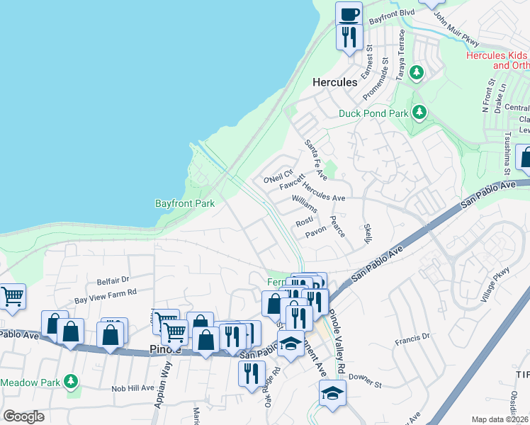 map of restaurants, bars, coffee shops, grocery stores, and more near 221 Tennent Avenue in Pinole