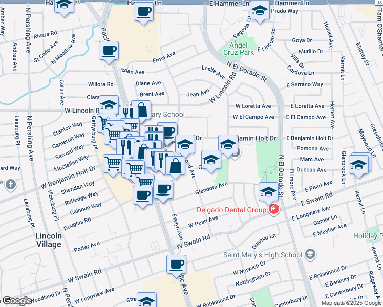 map of restaurants, bars, coffee shops, grocery stores, and more near 6650 Inglewood Avenue in Stockton