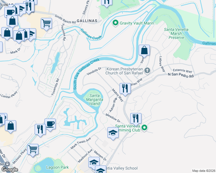 map of restaurants, bars, coffee shops, grocery stores, and more near 133 Mabry Way in San Rafael