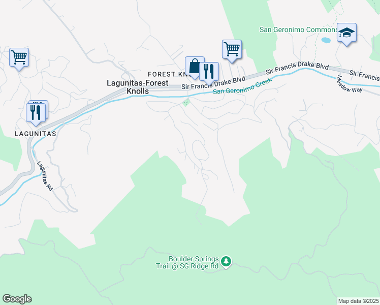 map of restaurants, bars, coffee shops, grocery stores, and more near 105 Rosario Road in Lagunitas-Forest Knolls