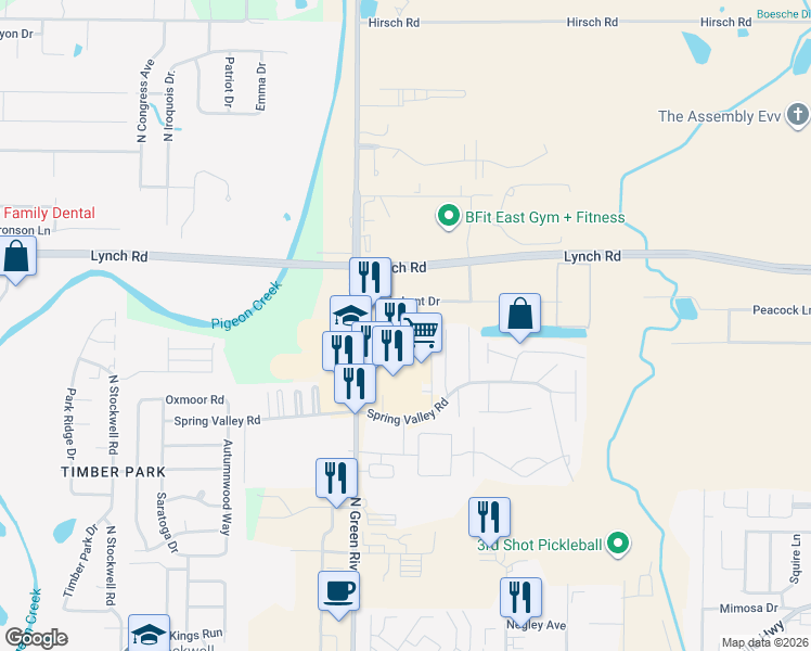map of restaurants, bars, coffee shops, grocery stores, and more near 5001 Davis Lant Dr in Evansville