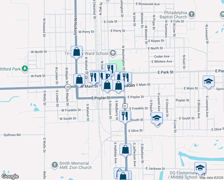 map of restaurants, bars, coffee shops, grocery stores, and more near 10 South Mulberry Street in Du Quoin