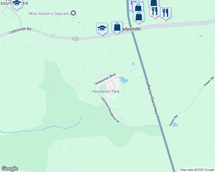 map of restaurants, bars, coffee shops, grocery stores, and more near 18321 Congressional Circle in Ruther Glen