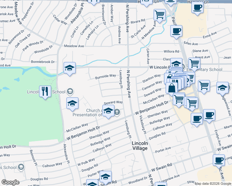 map of restaurants, bars, coffee shops, grocery stores, and more near 1533 Cameron Way in Stockton