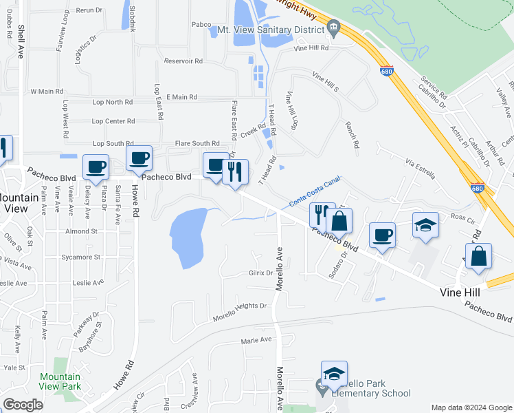 map of restaurants, bars, coffee shops, grocery stores, and more near 3578 Pacheco Boulevard in Martinez
