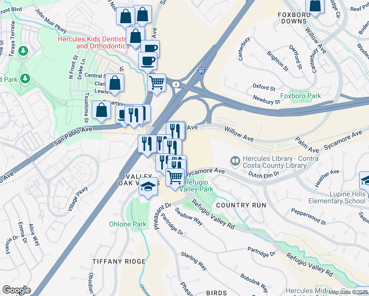 map of restaurants, bars, coffee shops, grocery stores, and more near 1611 Sycamore Avenue in Hercules