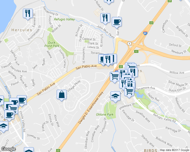 map of restaurants, bars, coffee shops, grocery stores, and more near 605 Forest Run in Hercules