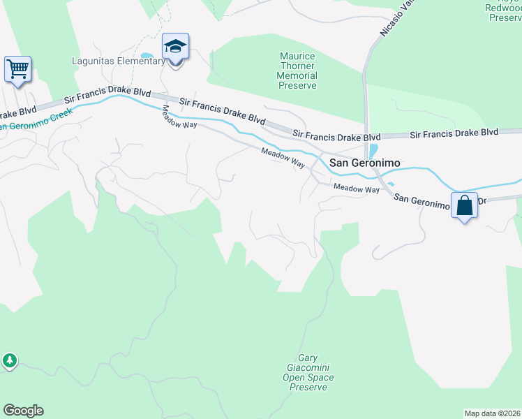 map of restaurants, bars, coffee shops, grocery stores, and more near 20 Forester Lane in San Geronimo
