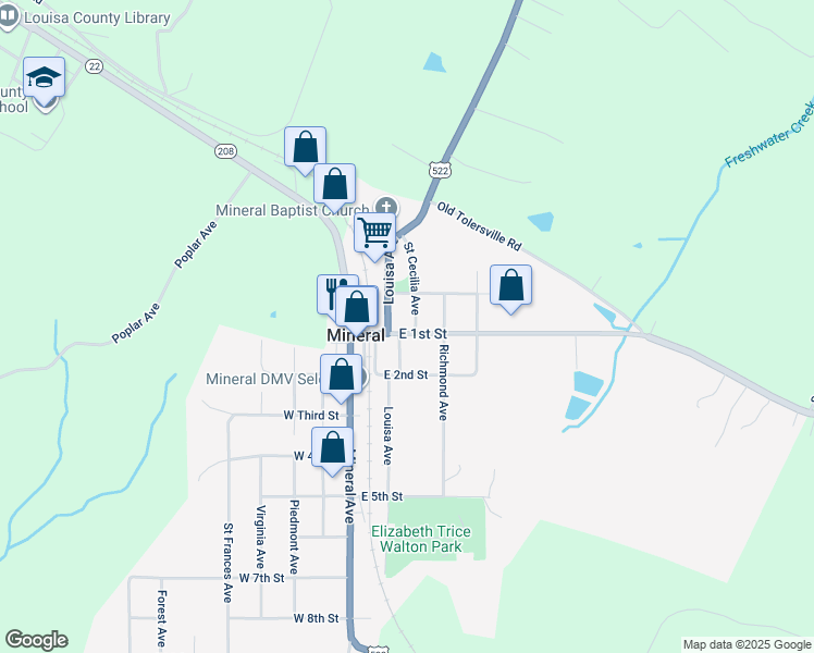 map of restaurants, bars, coffee shops, grocery stores, and more near in Mineral