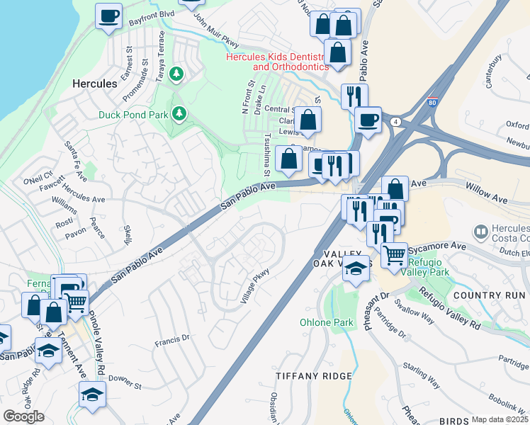 map of restaurants, bars, coffee shops, grocery stores, and more near 1202 Devonwood in Hercules