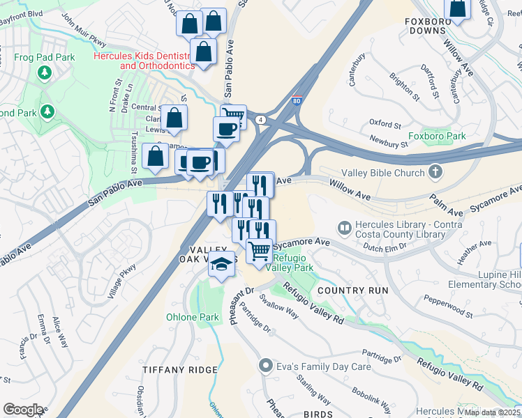 map of restaurants, bars, coffee shops, grocery stores, and more near 1511 Sycamore Avenue in Hercules