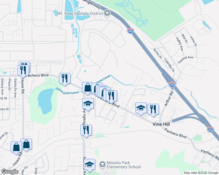 map of restaurants, bars, coffee shops, grocery stores, and more near 23 Goree Court in Martinez