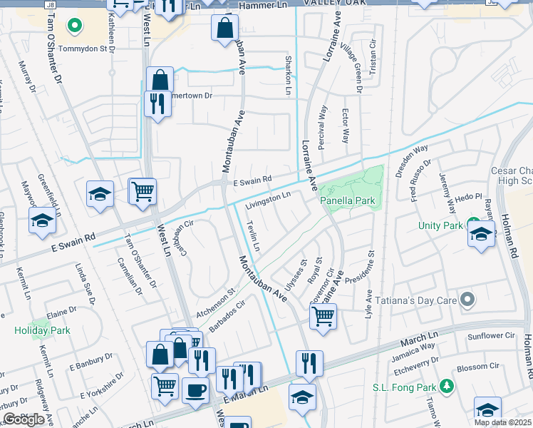 map of restaurants, bars, coffee shops, grocery stores, and more near 5842 Livingston Court in Stockton