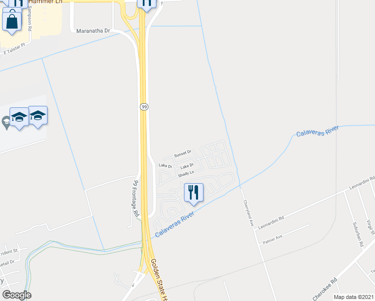 map of restaurants, bars, coffee shops, grocery stores, and more near 5100 California 99 in Stockton