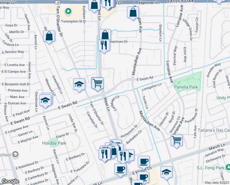 map of restaurants, bars, coffee shops, grocery stores, and more near 6011 Welch Avenue in Stockton