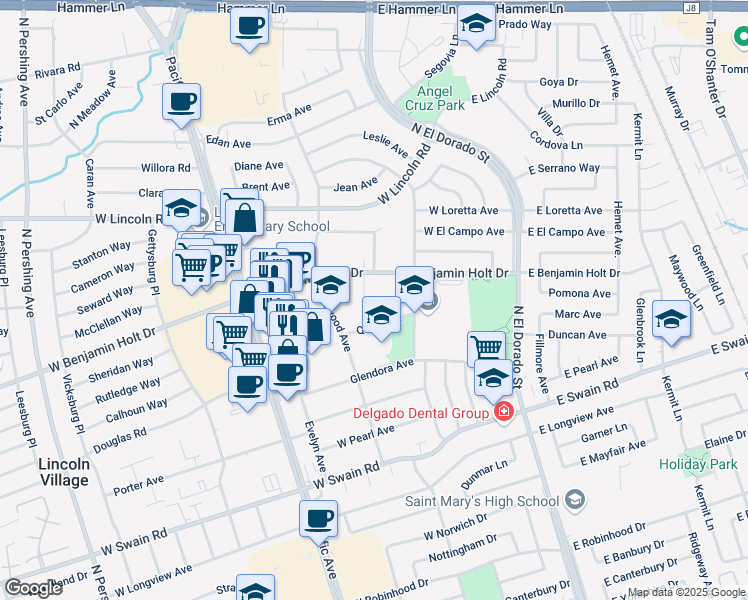 map of restaurants, bars, coffee shops, grocery stores, and more near 302 West Benjamin Holt Drive in Stockton
