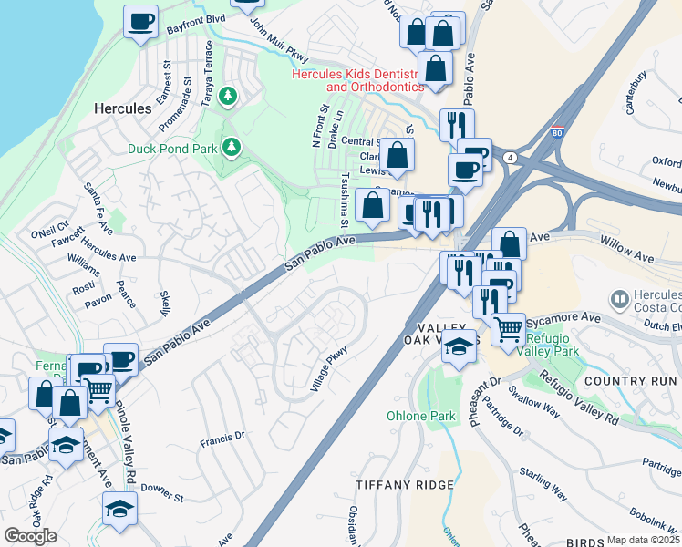 map of restaurants, bars, coffee shops, grocery stores, and more near 1101 Devonwood in Hercules