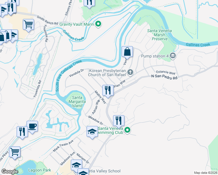 map of restaurants, bars, coffee shops, grocery stores, and more near 106 Hawthorne Way in San Rafael