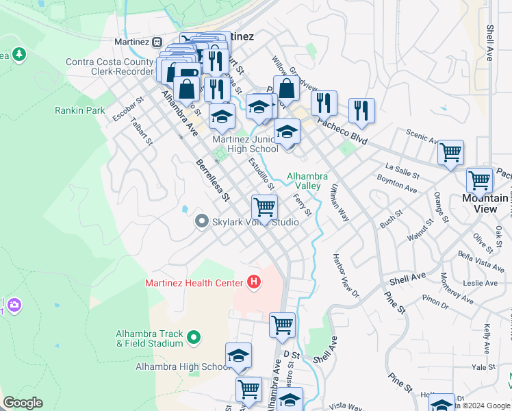 map of restaurants, bars, coffee shops, grocery stores, and more near 530 Arreba Street in Martinez